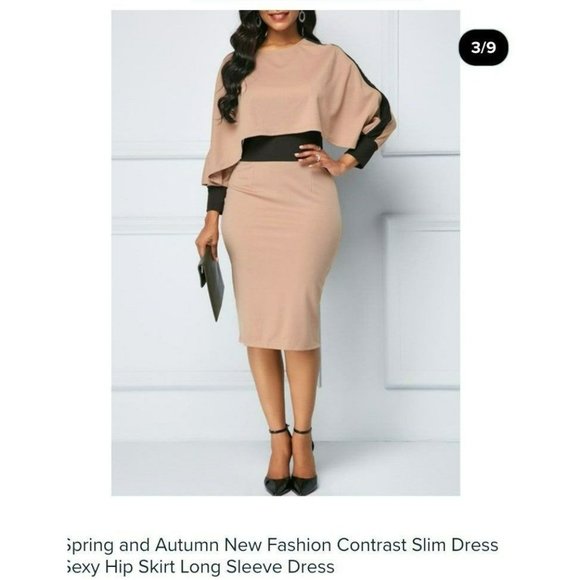 Modest Elegant Beige cape Work Dress with long sleeves Size XL - Picture 2 of 11
